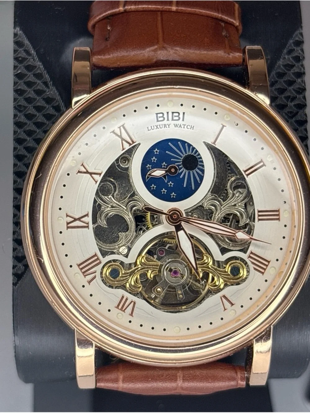 BiBi Rose Gold-Tone Automatic Skeleton Watch with Brown Leather Strap